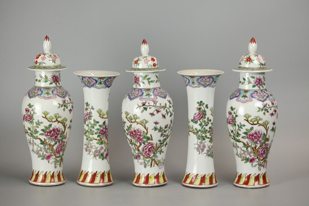 Appraisal: Chinese five piece porcelain garniture set cover vases and beaker