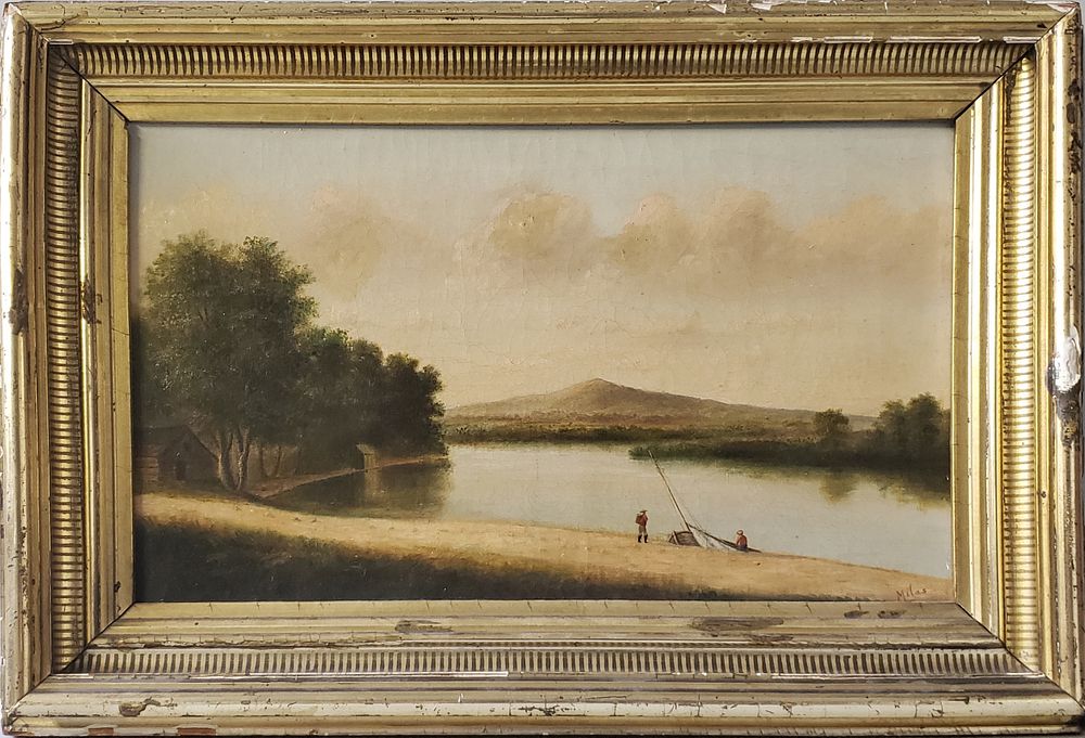 Appraisal: John Christopher Miles Antique Oil on Canvas River Landscape John