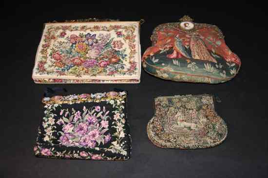 Appraisal: FOUR PETIT POINT PURSES Including two with floral motifs one