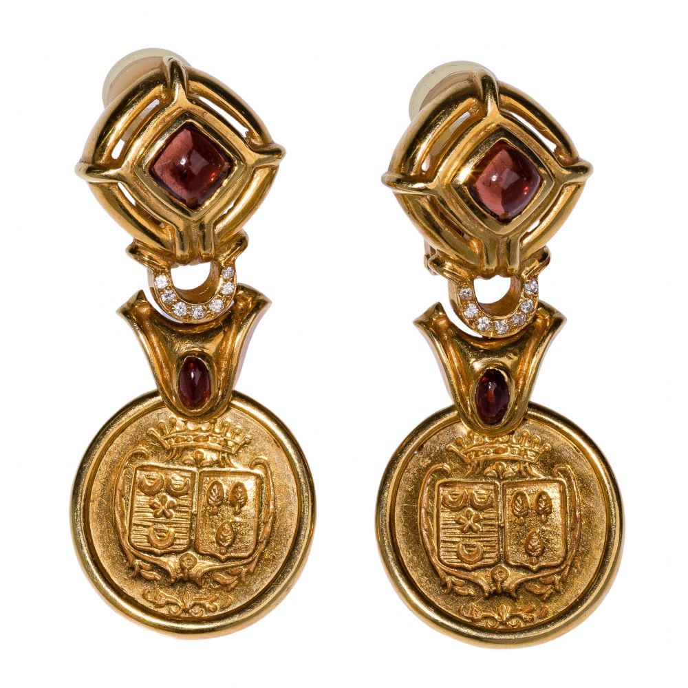 Appraisal: K YELLOW GOLD GARNET AND DIAMOND PIERCED EARRINGSPair of French