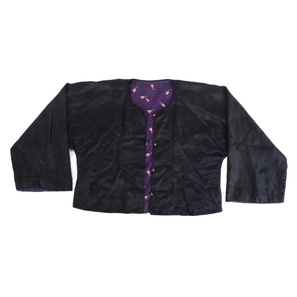 Appraisal: CHINESE BLACK SILK MEN'S JACKET WITH TEXTURED BRASS BUTTONS AND