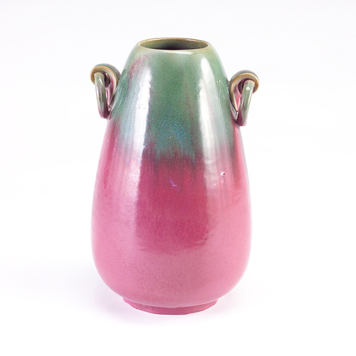 Appraisal: FULPER Tall bullet-shaped vase with ring handles covered in Moss-to-Rose