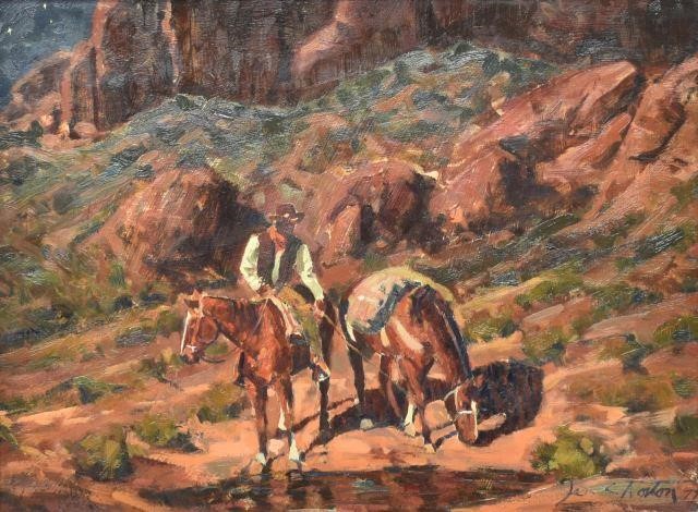 Appraisal: Framed oil on Masonite painting At the Water Hole signed