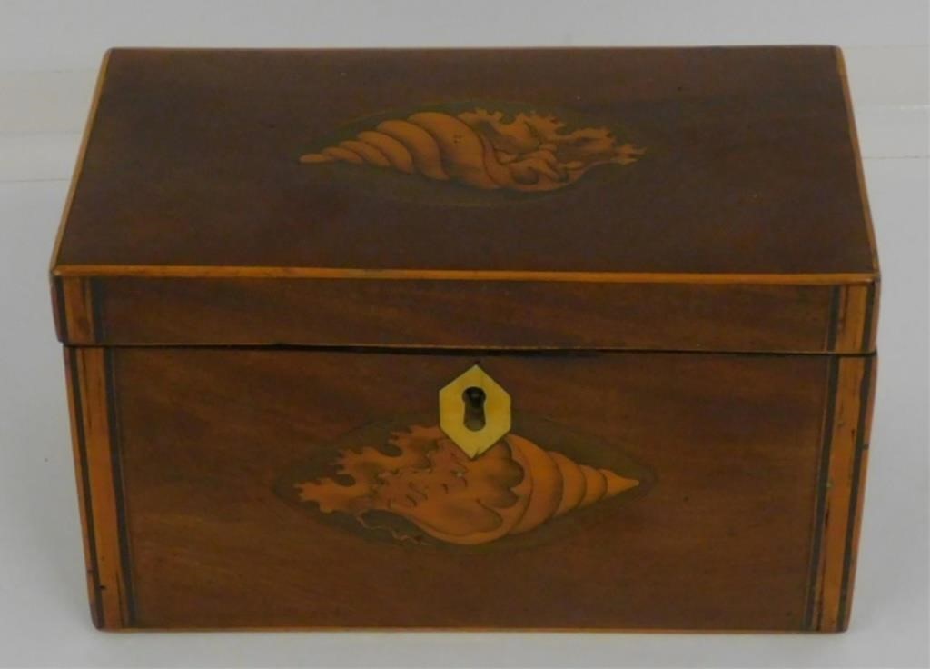 Appraisal: TH CENTURY ENGLISH DOUBLE TEA CADDY MAHOGANYcase restored Conch shell