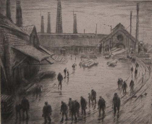 Appraisal: Steel Workers Leaving The Mill circa drypoint etching on Paper