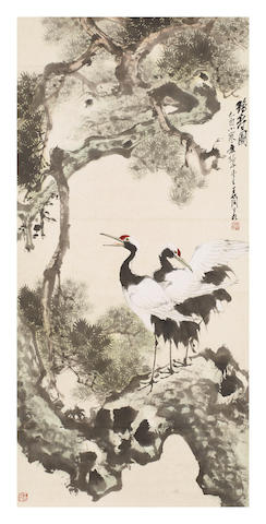 Appraisal: Wang Lanruo Chinese - Magpies and Cherry Blossoms Cranes and