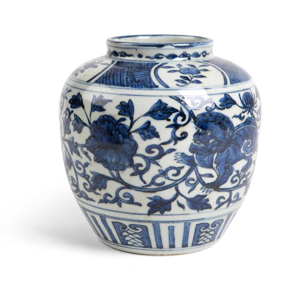 Appraisal: BLUE AND WHITE 'BUDDHIST LION' JAR MING DYNASTY WANLI PERIOD