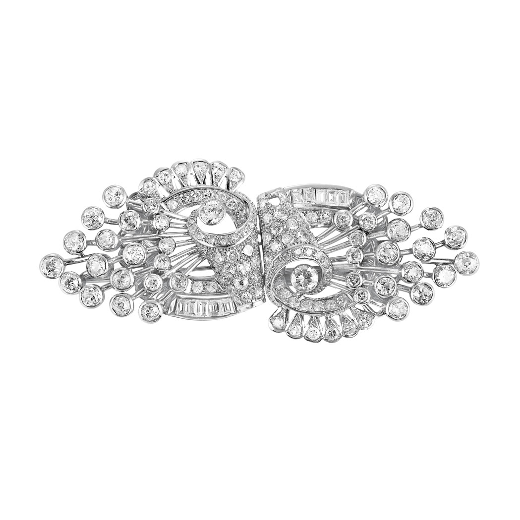 Appraisal: Platinum and Diamond Double Clip-Brooch round diamonds ap ct diamonds