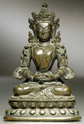 Appraisal: TH CENTURY BRONZE BUDDHA Antique Sino-Tibetan bronze model of a