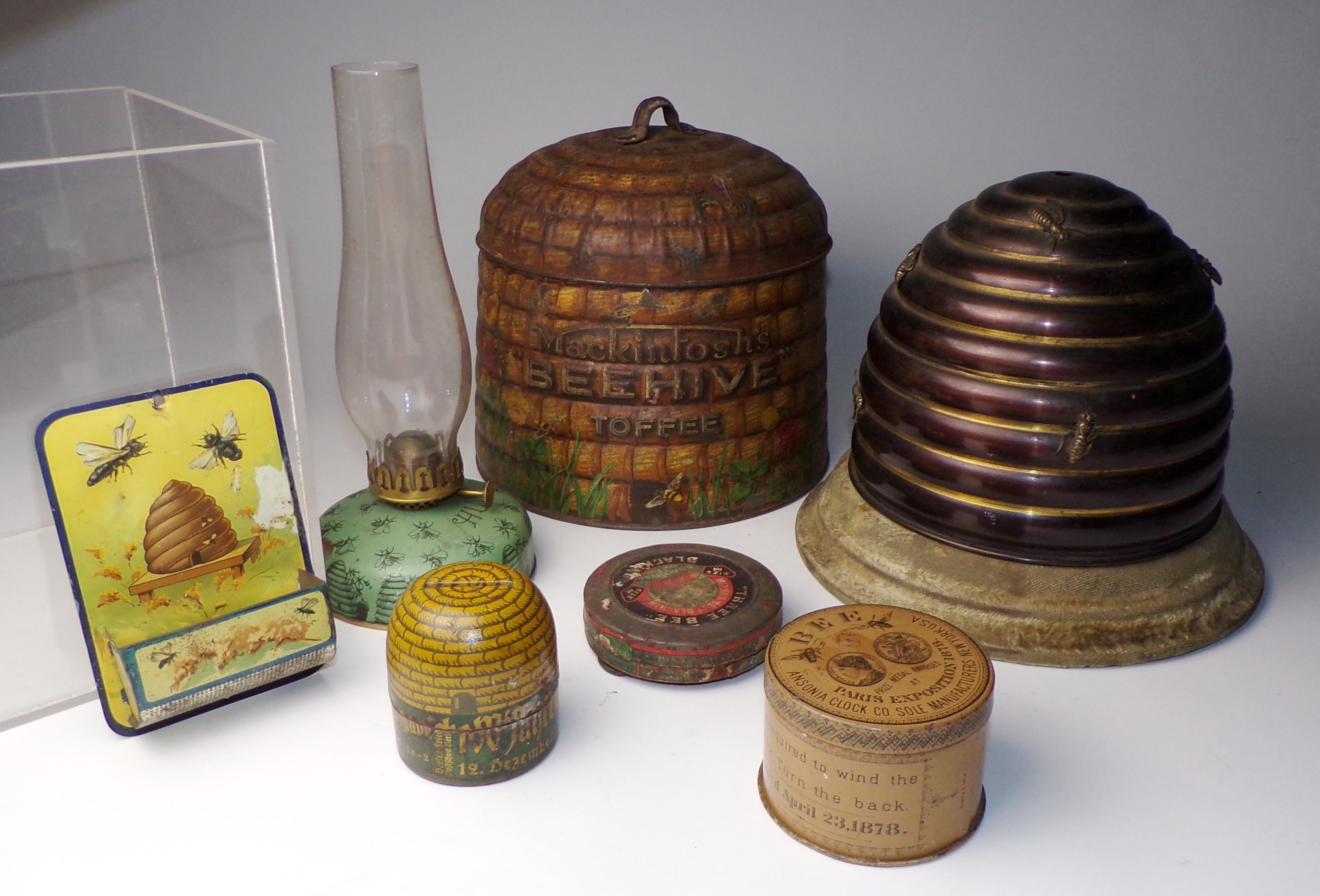 Appraisal: Bee and bee skep related items- tin match holder and