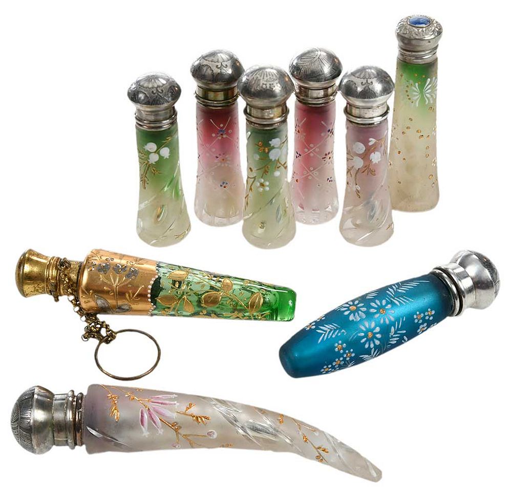 Appraisal: Nine Glass Enameled and Gilt Small Scent Bottles mostly Czech