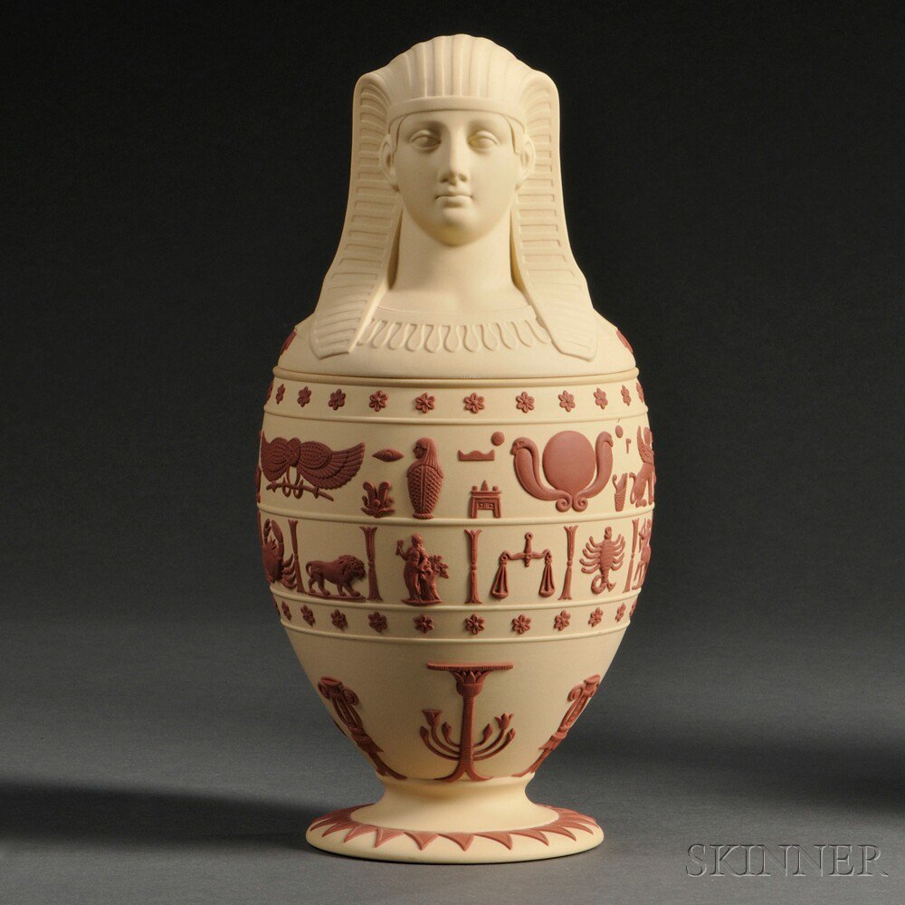 Appraisal: Wedgwood Primrose Jasper Canopic Jar and Cover England applied terra-cotta