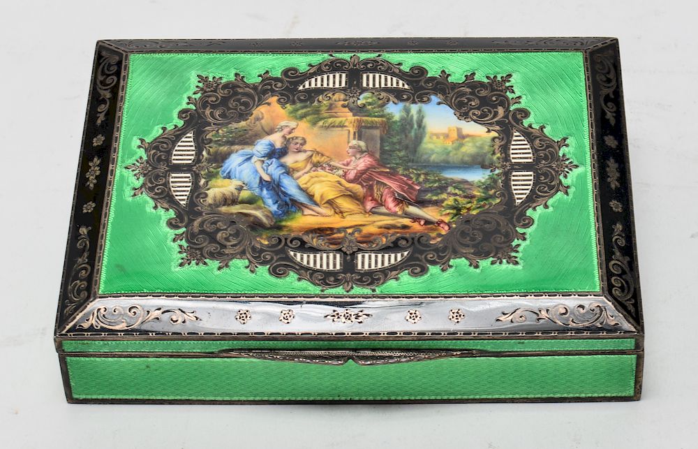 Appraisal: Austrian Silver Box Guilloche Polychrome Enamel Austrian sterling silver box