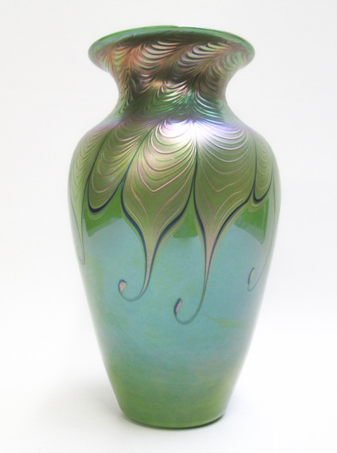 Appraisal: LUNDBERG STUDIOS IRIDESCENT ART GLASS VASE Jade Gold Fancy Feather