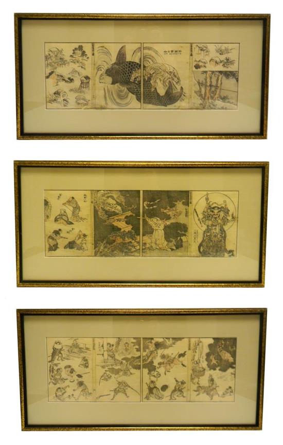 Appraisal: ASIAN twelve illustrated book pages mounted in three frames by