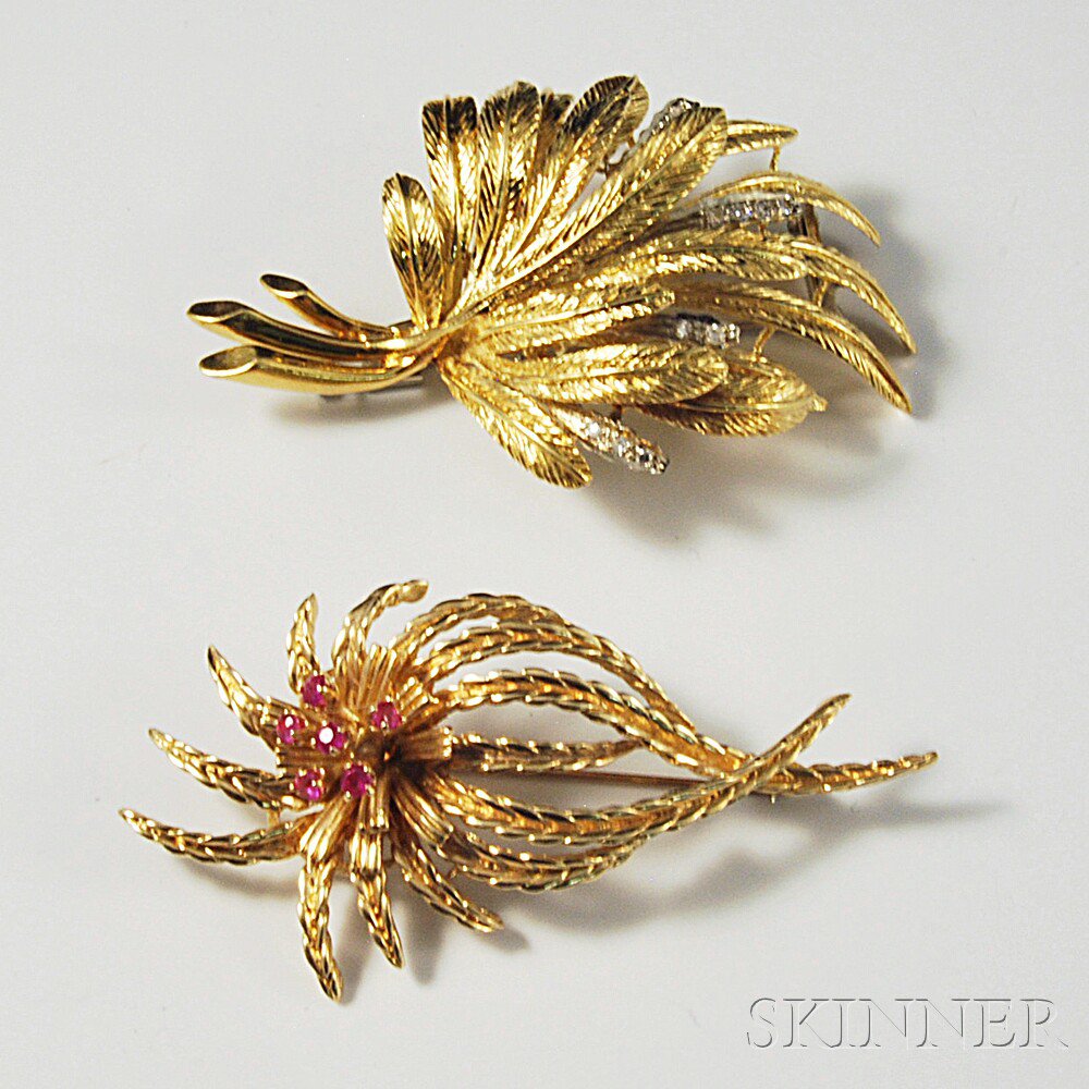 Appraisal: Two Gold Gem-set Pins an kt bicolor gold leaf pin