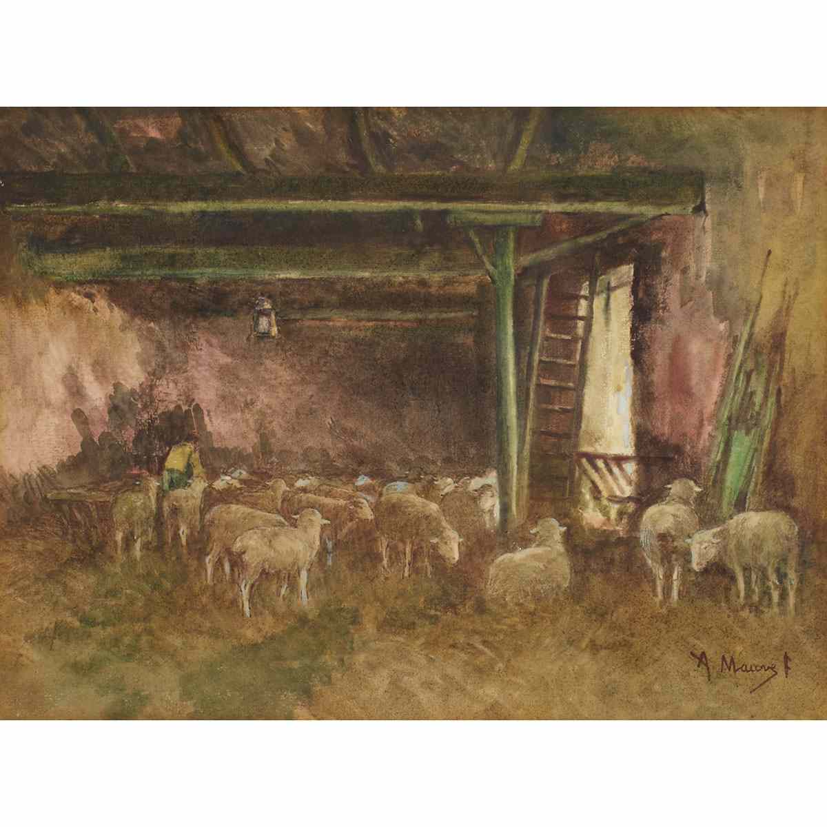 Appraisal: Anton Mauve - Dutch IN THE SHEEP BARN Watercolour ink