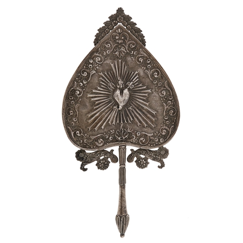 Appraisal: A Continental heart shaped silver repousse hand mirror the back