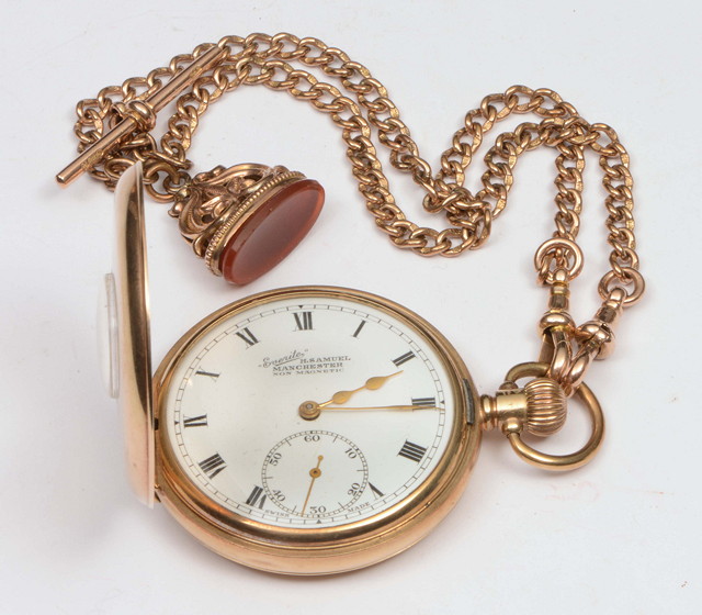 Appraisal: A CT GOLD HALF HUNTER POCKET WATCH the enamelled dial