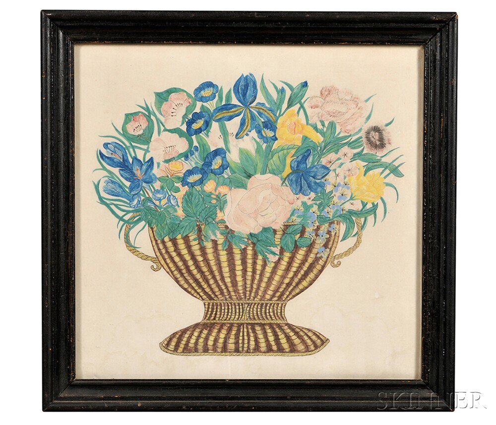 Appraisal: American School th Century Basket of Flowers Unsigned Watercolor on