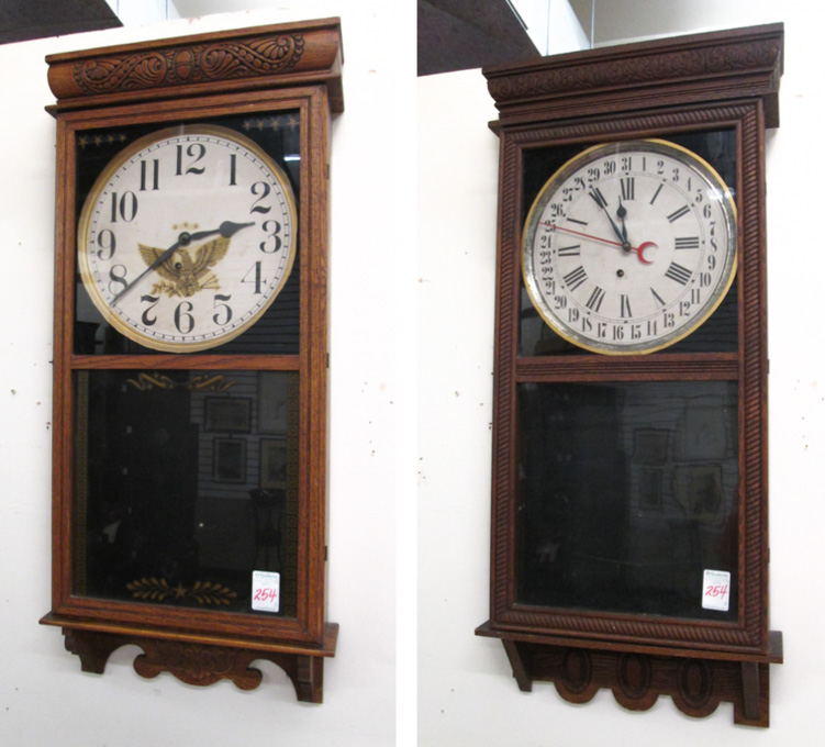 Appraisal: TWO AMERICAN OAK CASED STORE REGULATOR WALL CLOCKS E Ingraham