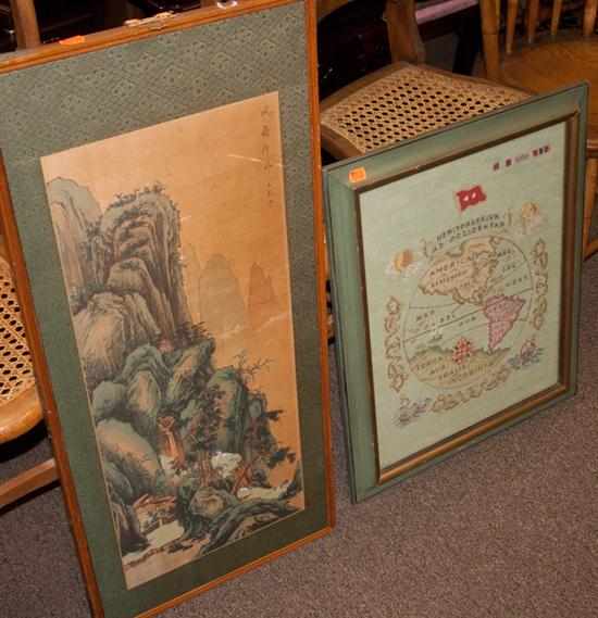 Appraisal: Framed needlework picture and a mounted scroll section Estimate -