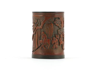 Appraisal: A Chinese bamboo brushpot carved with figures in the mountains