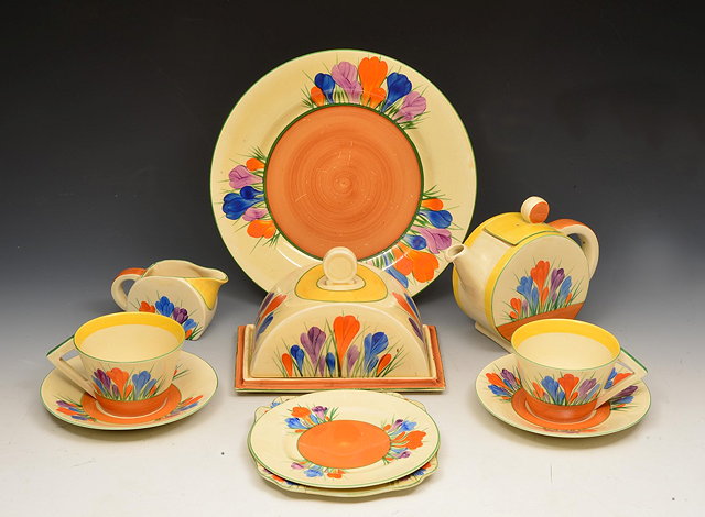 Appraisal: Clarice Cliff British - 'Crocus' pattern tea setcomprising teapot milk