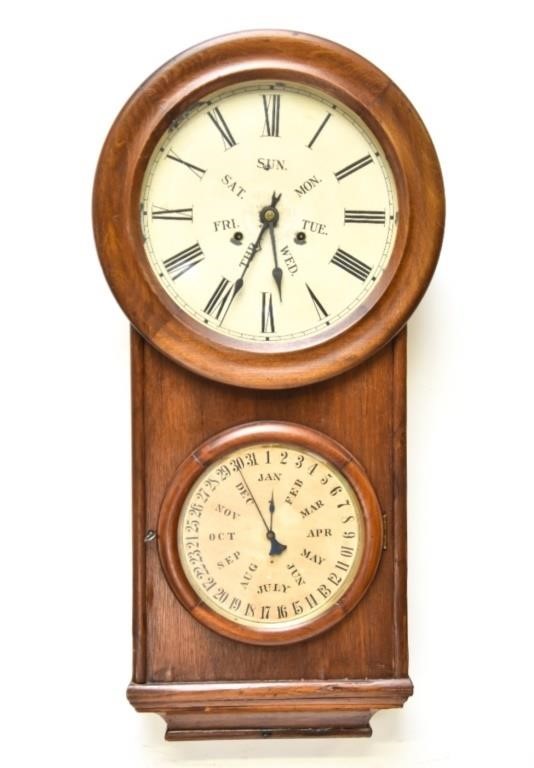 Appraisal: Lewis perpetual mahogany cased calendar wall clock double dial -day