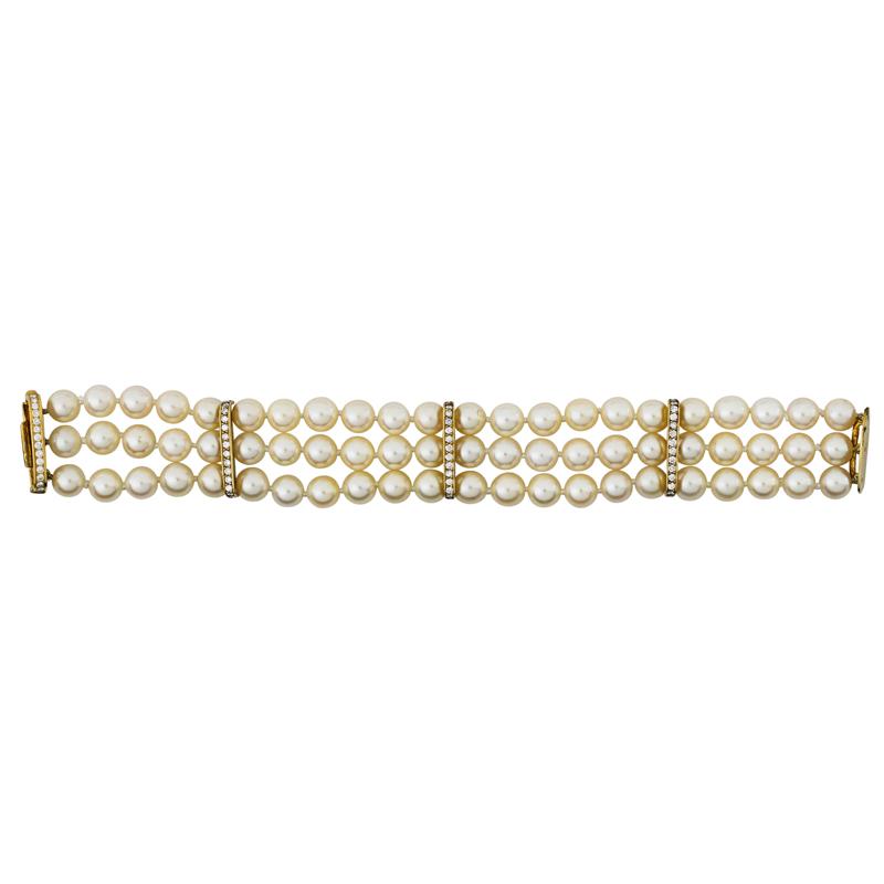 Appraisal: AKOYA PEARL AND DIAMOND THREE STRAND BRACELET Condition Report