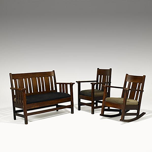 Appraisal: ARTS CRAFTSThree-piece assembled parlor set with drop-in spring seatsUnsignedSettee x