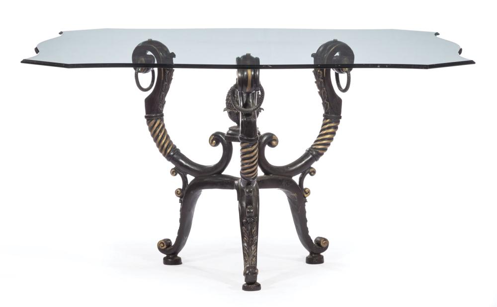 Appraisal: Etruscan-Style Patinated Metal and Glass Table acanthine and rope twist