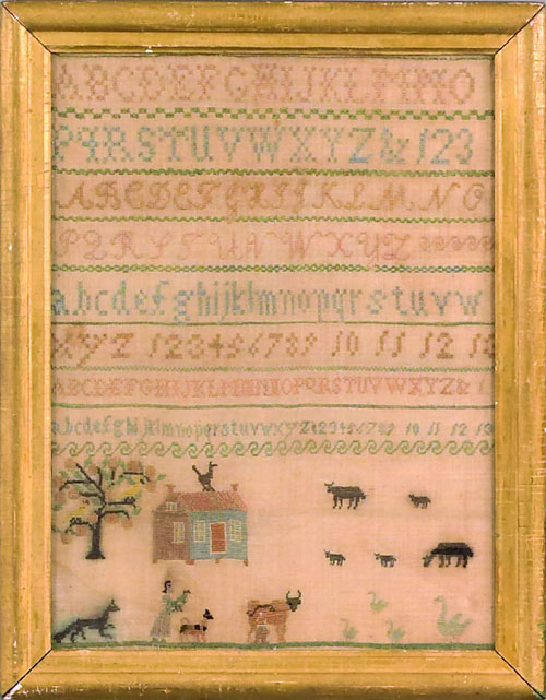 Appraisal: Silk on linen sampler early th c with an alphabet