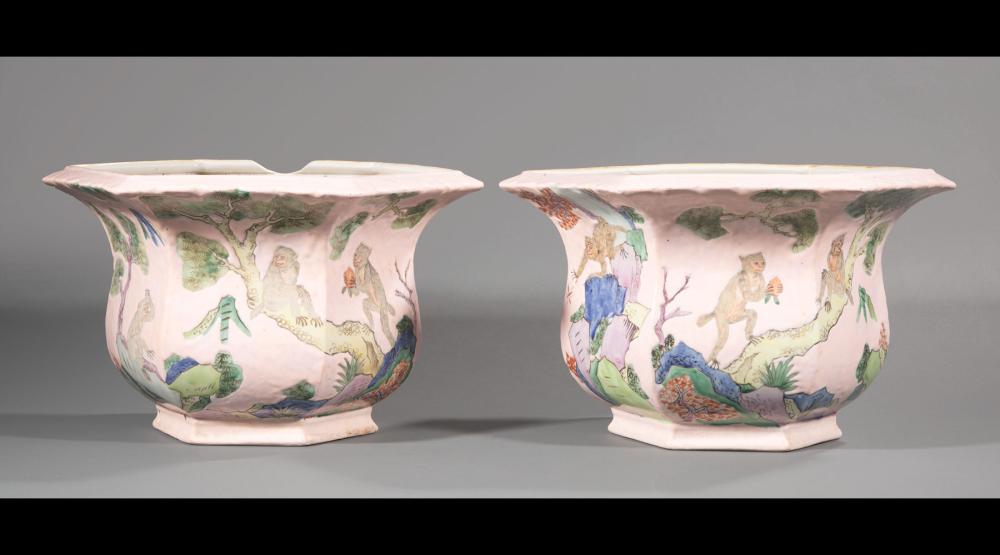 Appraisal: Pair of Chinese Famille Rose Porcelain Hexagonal Jardinieres th c