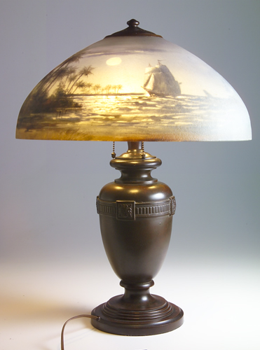 Appraisal: HANDEL Table lamp with an acid-etched shade reverse-painted with a