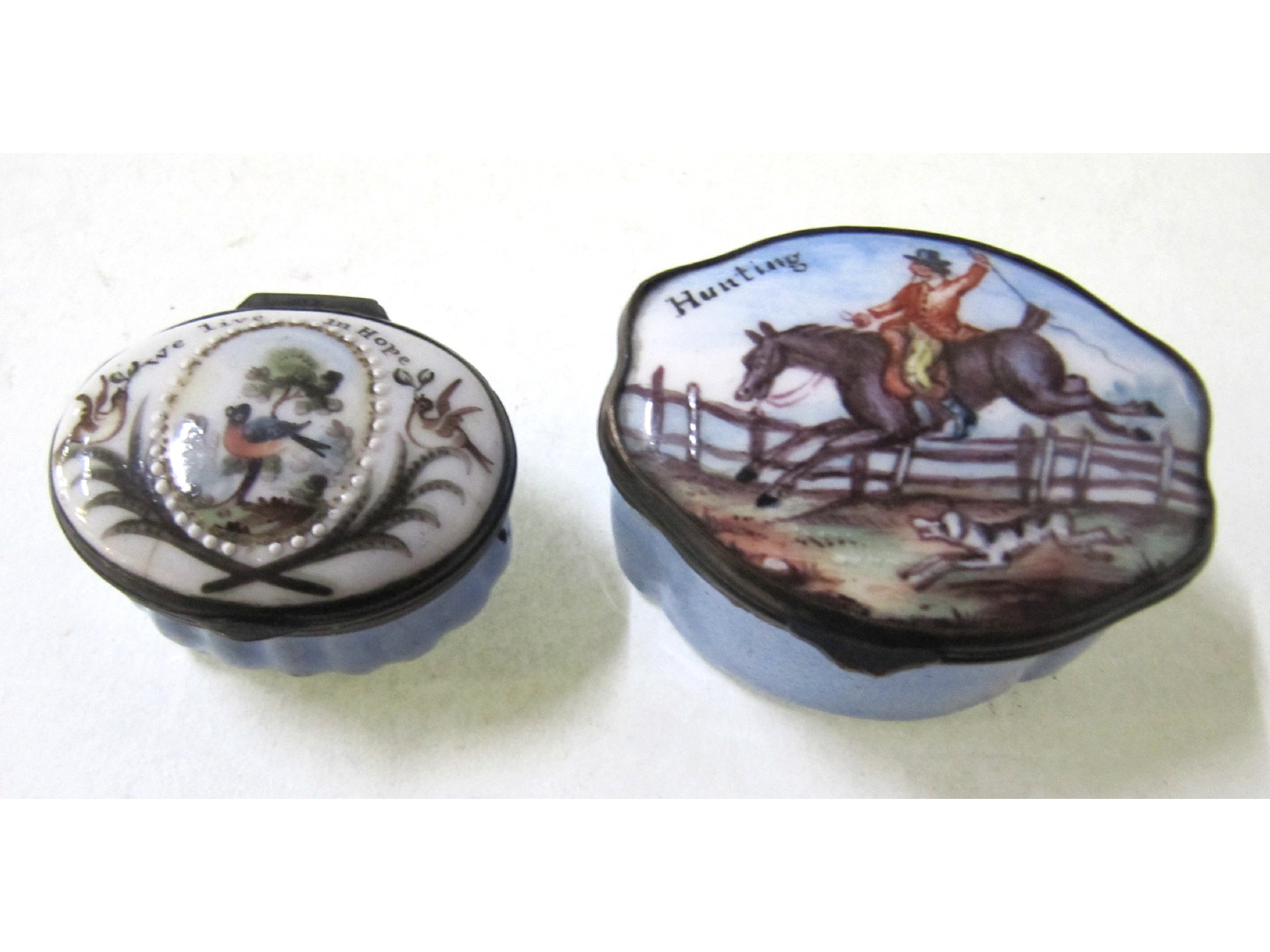 Appraisal: A lot comprising two Bilston style enamel boxes one depicting