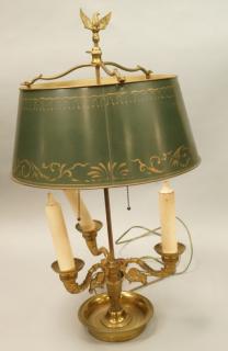 Appraisal: Antique Gilt Bronze Arm Lamp Decorative scroll metal arms Green