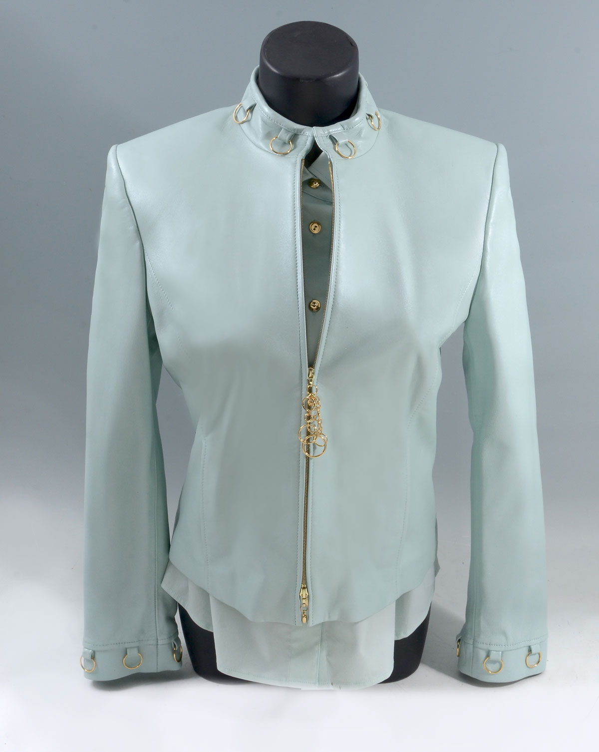 Appraisal: PALE AQUA LEATHER JACKET BLOUSE BY ST JOHN Very smart