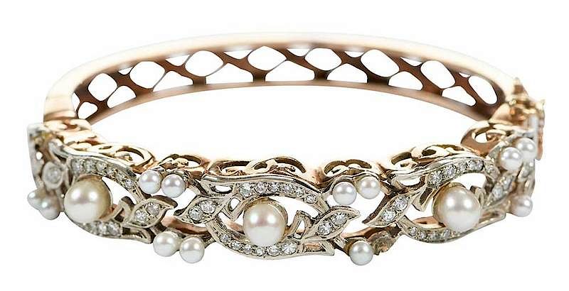 Appraisal: kt Diamond and Pearl Hinged Bangle Bracelet single cut diamonds