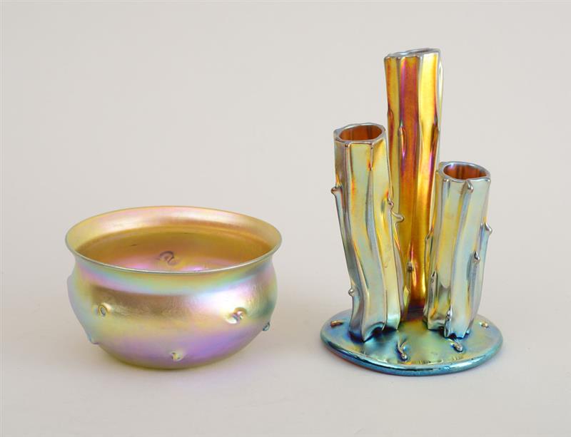 Appraisal: STEUBEN AURENE THREE-BRANCH VASE AND A TIFFANY FAVRILLE FINGER BOWL