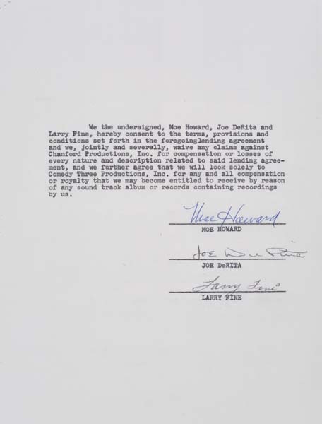 Appraisal: THE THREE STOOGES Contract signed by Moe Howard Larry Fine