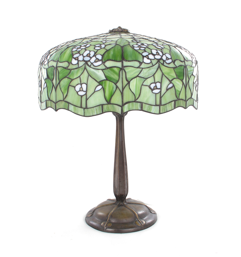 Appraisal: American bronze table lamp with leaded glass shade possibly Gorham