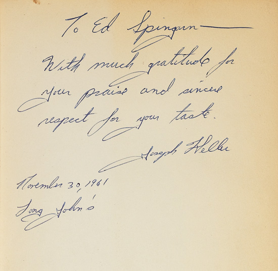 Appraisal: HELLER JOSEPH Catch- Signed and Inscribed To Ed Spingarn-- With