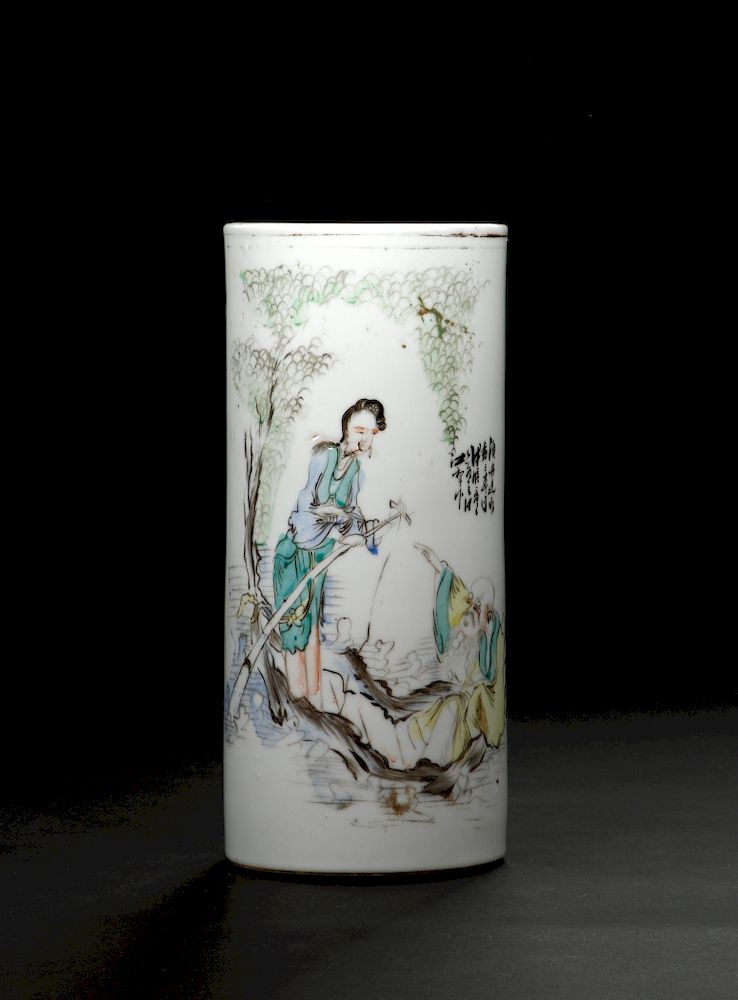 Appraisal: Famille-Verte Figurine Brushpot Of cylindrical form the exterior exquisitely painted