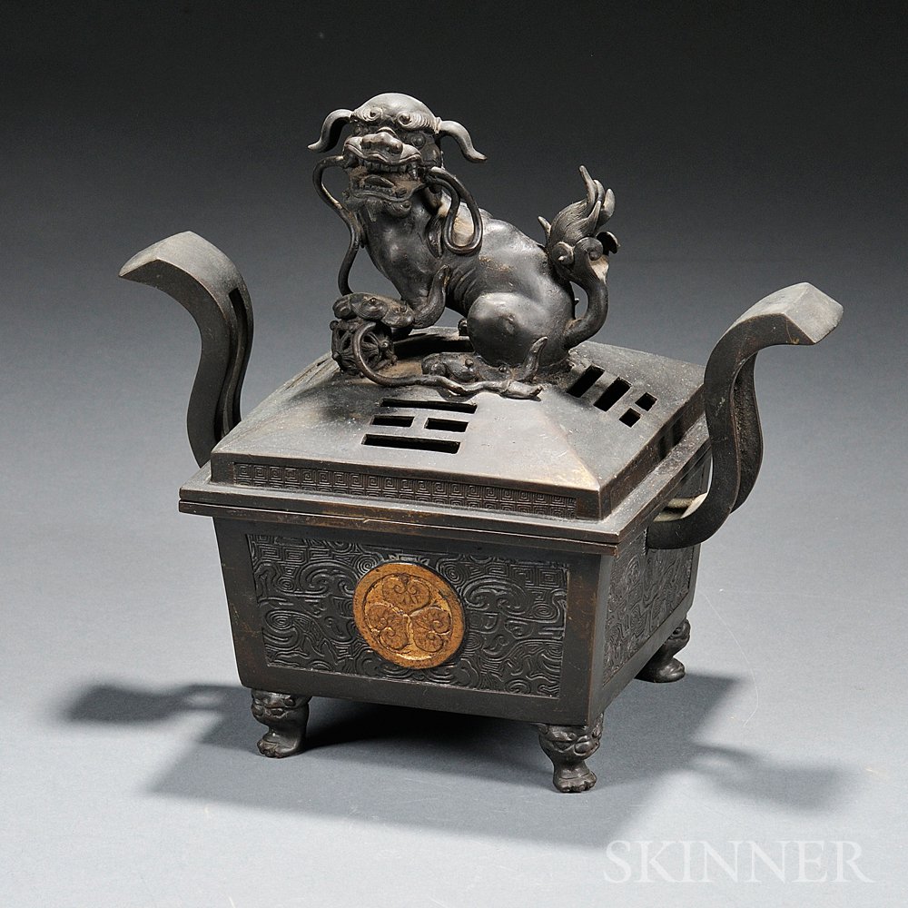 Appraisal: Bronze Covered Censer Japan square with two S-shaped handles decorated