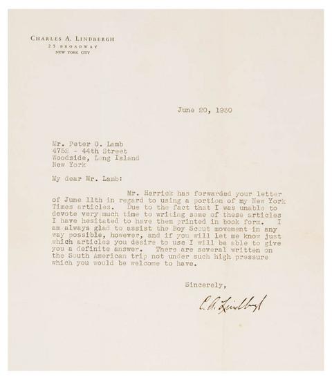 Appraisal: LINDBERGH Charles Typed letter signed C A Lindbergh to Peter