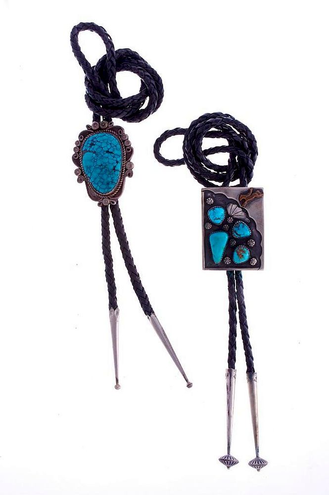 Appraisal: NAVAJO BOLOS Two Vintage Navajo bolo ties turquoise and silver