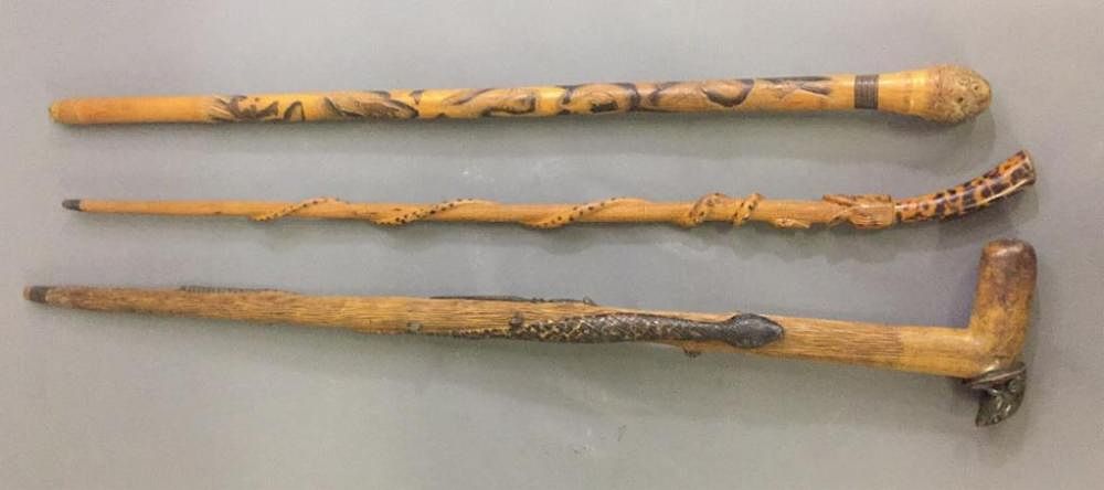 Appraisal: Three Carved Snake Canes Three carved snake canes the largest