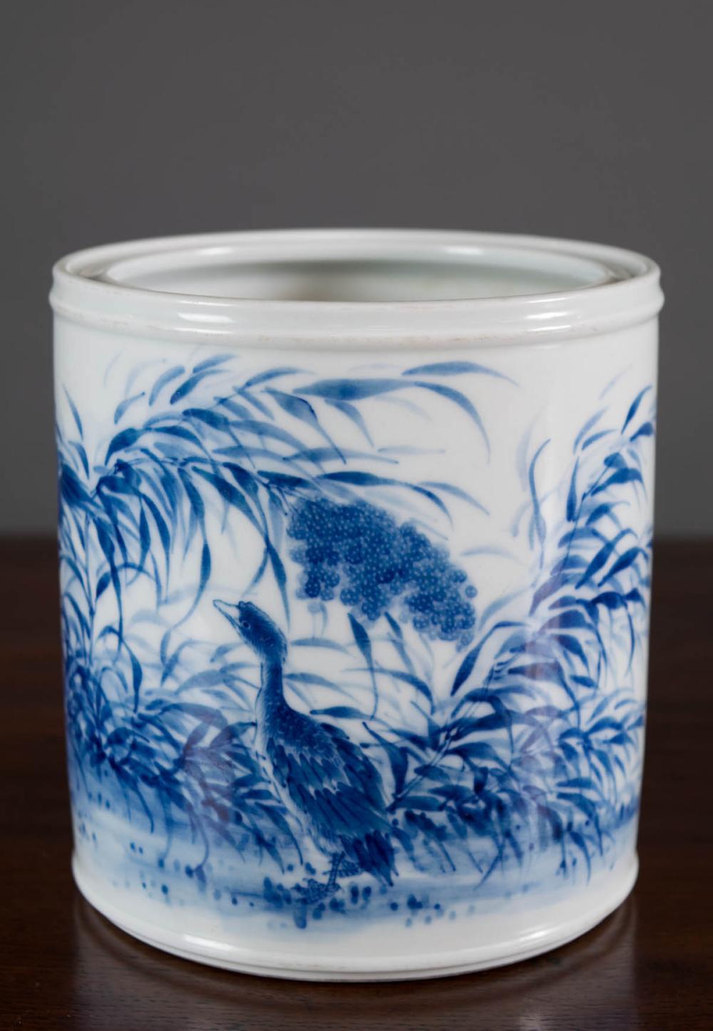 Appraisal: CHINESE REPUBLIC BLUE AND WHITE PORCELAIN BRUSH POT hand painted