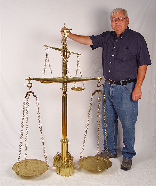 Appraisal: ' '' TALL BRASS DOUBLE ARM BALANCE SCALE WITH WEIGHTS